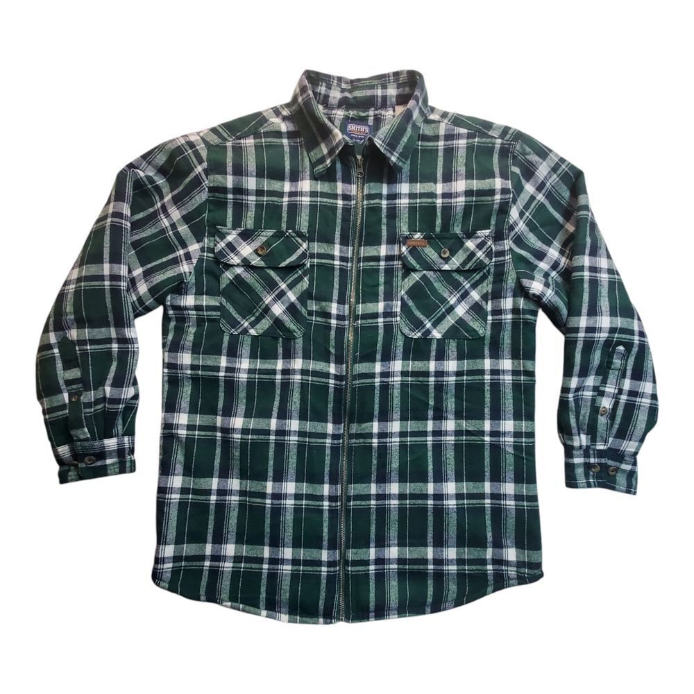 Smith's Workwear Mens XL Flannel Shirt Jacket Green Plaid Sherpa Lined Zip-Front